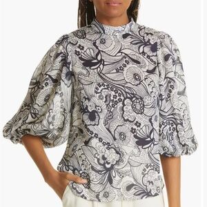 Ted Baker Joshie Top White and Navy Blue Mandarin Collar 3/4 Balloon Sleeves